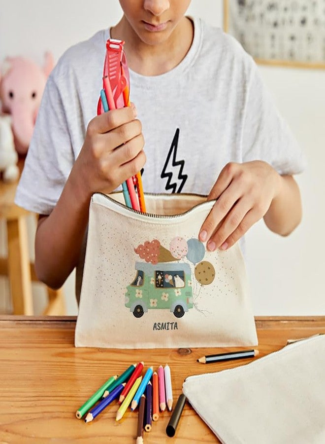 Zooboo Catch All Pouch Personalized with Kid's Names, 100% Cotton with Zipper, Pencil Pouch for Boys and Girls, School Supply Stationery Box Organizer for Students Ice Cream Fun - Image 2